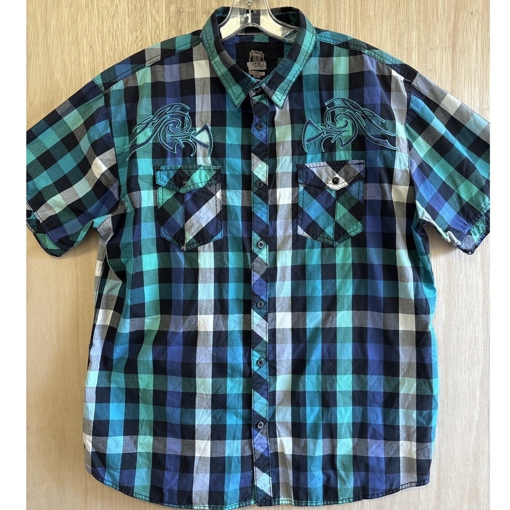 Route 66 Mens XL Blue Green‎ Plaid Short Sleeve Embroidered Button Down Shirt